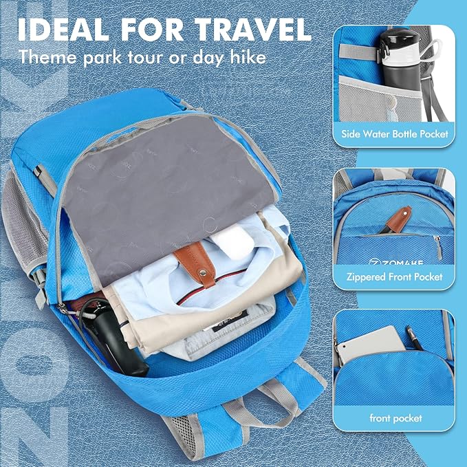 ZOMAKE Lightweight Packable Backpack 30L, Foldable Hiking Backpacks Water Resistant Compact Folding Daypack for Travel(Light Blue)