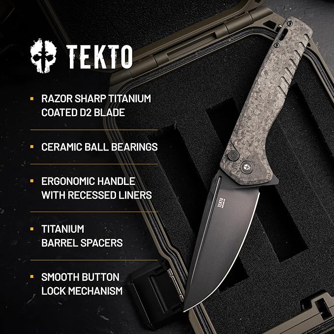 F3 Charlie Button Lock Folding Knife, Oversized Fine Edge Blade, Tactical Forged Carbon G10 Handle - Easy Open Pocket Knife with Titanium Coated D2 Steel & Black Titanium Barrel Spacers