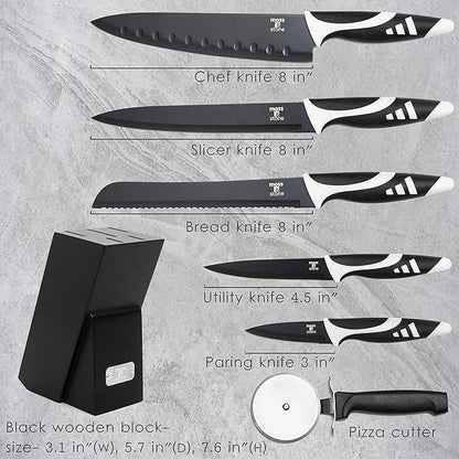 Moss & Stone 7-Piece Kitchen Knife Set with Block – Black Titanium Plated Stainless Steel Kitchen Knives, High Carbon Blades, Compact Cutlery Set for Home Cooking, Small Knife Set Black Wood Block