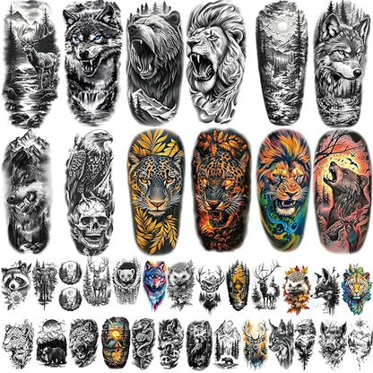 77 Sheets Forest Animals Temporary Tattoo for Women Men, 17 Sheets Half Arm Large Lion Tiger Wolf Fake Tattoos, 60 Sheets Black Skull Owl Bear Tiny for Adult Kids Body Tattoos Stickers Realistic