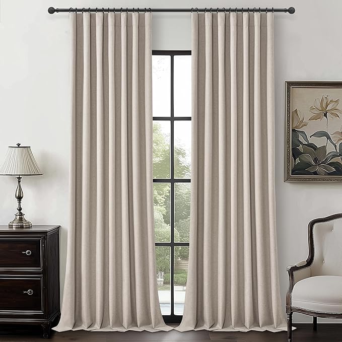 Grey Flax Extra Long Curtains 112 inch Length 2 Panels Set, Hook Belt&Rod