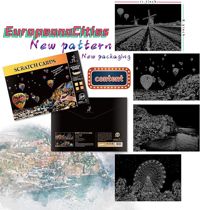 Scratch Art for Adults and Kids-City Landmarks Scratch Painting Craft Kit (8 Sheets A4)|DIY Foil Engraving Art Set|Stress Relief Gift for Travel Lovers,Craft Lovers,Home Decor(America/Europe)