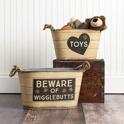 Primitives by Kathy Rustic Pet Tin Bins - Dog Food & Toy Storage Set, 'Toys & Beware of Wigglebutts' Themed Containers