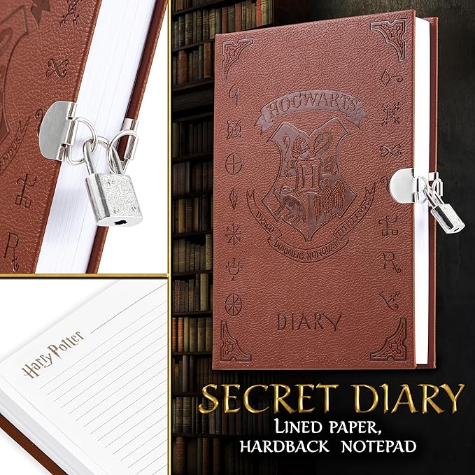 Harry Potter Lockable Diary with UV Invisible Ink Pen for Kids, Teens, Secret Journal with Key, Lined Pages, Stationery Supplies, Gifts for Kids (Brown UV Pen)