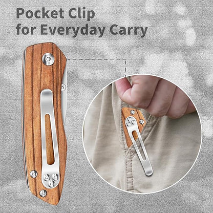 Vickay Folding Pocket Knife for Men & Women, 2.95" 8Cr13MoV Half-Serrated Steel Blade, Wood Hanlde EDC Knife with Clip, Liner Lock Knife for Camping, Hunting, Tactical, Survival and Father's Day Gift