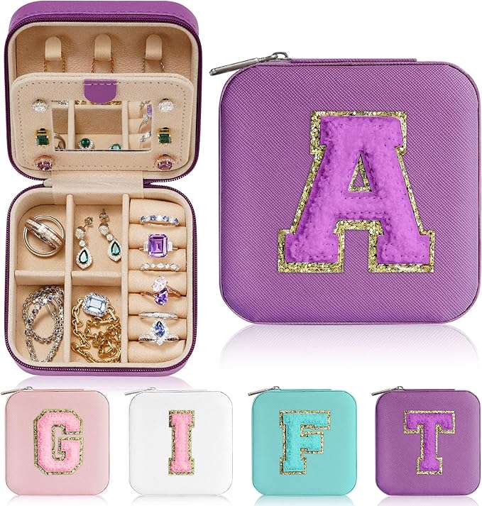 Parima Women's Fashion Jewelry Case Organizer | Small Purple Jewelry Box - Letter A