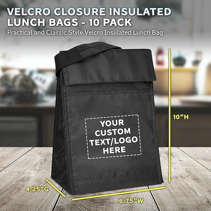 DISCOUNT PROMOS 10 Hook and Loop Insulated Lunch Bags Set - Customizable Text, Logo - Polyester, Durable, Vibrant, Reusable - Black