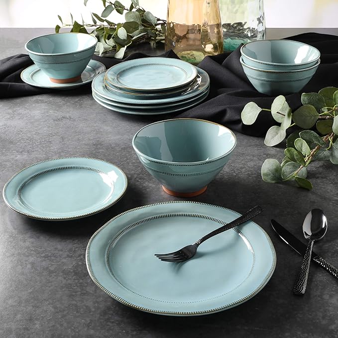 Gibson Elite Terranea Round Reactive Glaze Terra Cotta Dinnerware Set, Service for Four (12pcs), Teal