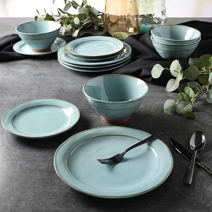 Gibson Elite Terranea Round Reactive Glaze Terra Cotta Dinnerware Set, Service for Four (12pcs), Teal