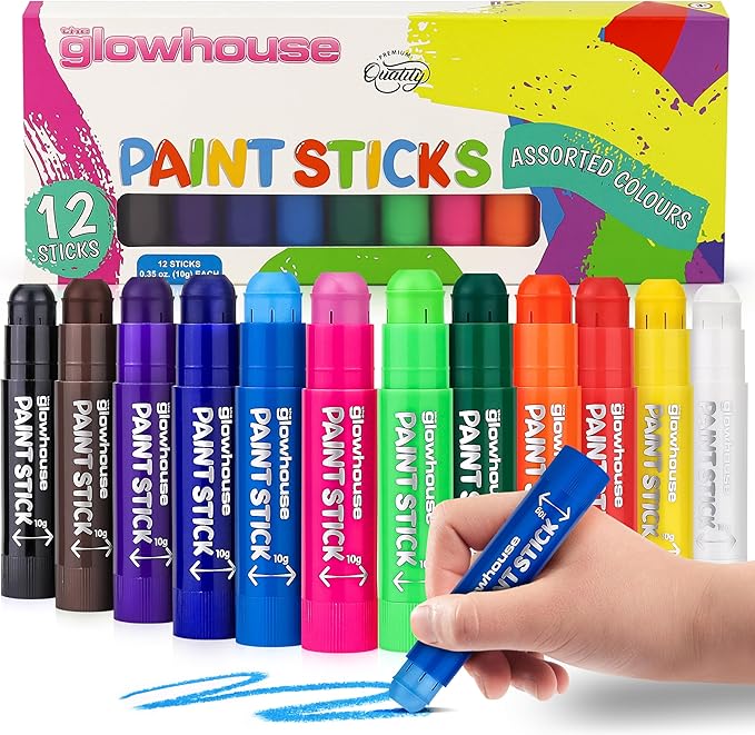 Tempera Paint Sticks Classic Colors 12 Pack - Non-Toxic, Washable, No Mess, Multi-Color for Kids Perfect for Creative Art Projects