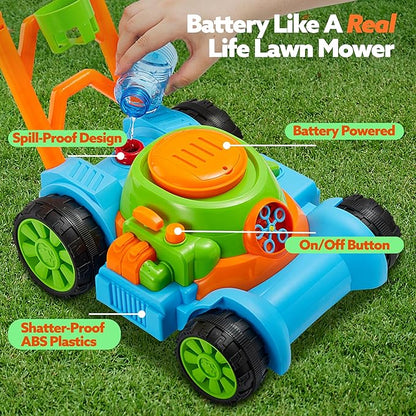 SLOOSH Bubble Lawn Mower Toddler Toys - Leak-Proof Bubble Machine Pretend and Play Gardening Toy for Indoor Outdoor Use, Push Toys Preschool Baby Boys Kids Halloween Birthday Gifts (Blue)