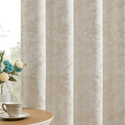 Beauoop Beige Floral Jacquard Blackout Curtains 84 Inches Long 2 Panels