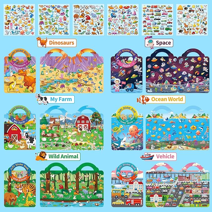 6 Sets 3D Reusable Sticker Books for Toddlers, Puffy Activity Books for Kids Ages 3-5, Travel Sticker for Kids 3 4 5 6 Years Old Girls & Boys Birthday Gifts