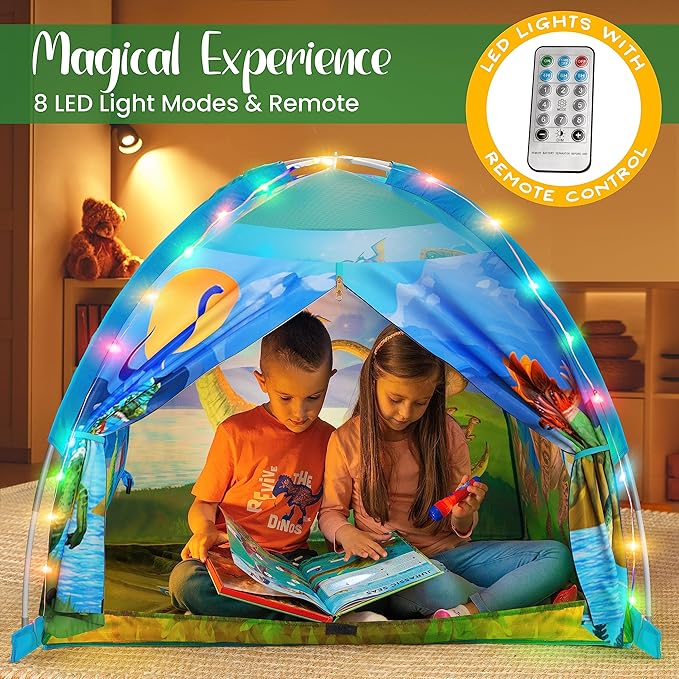 W&O Dino Paradise Super Dome with Roar Button, Dinosaur Toys and LED Lights - Epic Dinosaur Tent for Kids Aged 3-12 - Perfect for Indoor & Outdoor Adventures