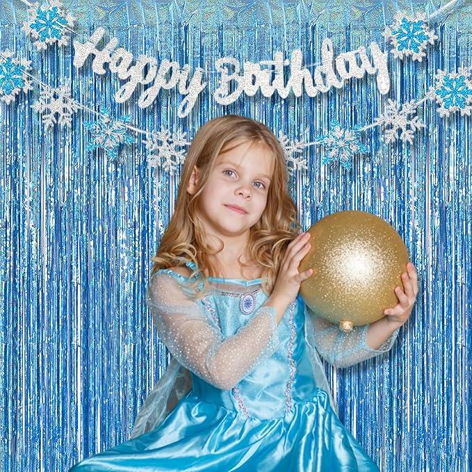 BRAVESHINE Light Blue Tinsel Foil Fringe Curtains - 2Pcs 3.2x8.2 ft Metallic Holiday Photo Booth Backdrop for Easter Birthdays Mermaid Frozen Sea Bachelorette Party Streamers Decorations