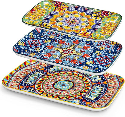 vancasso Serving Platters Set of 3, 16"/14"/12" Inch Rectangular Trays - Serving Platter Extra Large, Bohemian Ceramic Serving Dish for Entertaining Food, Microwave & Dishwasher Safe, Vintage