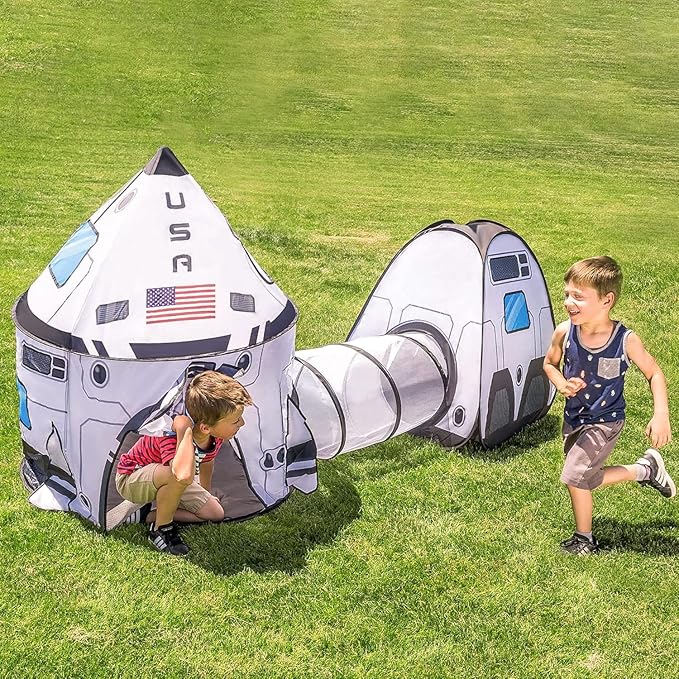 JOYIN White Rocket Ship Pop up Play Tent with Tunnel and Playhouse Kids Indoor Outdoor Spaceship Tent Set