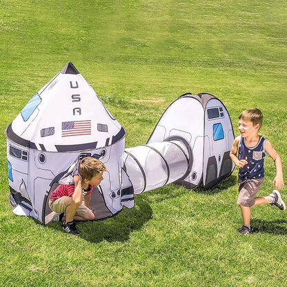 JOYIN White Rocket Ship Pop up Play Tent with Tunnel and Playhouse Kids Indoor Outdoor Spaceship Tent Set