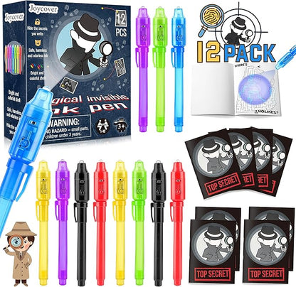 Joycover 12 PCS Invisible Ink Pen with UV Light for Kids, Spy Pens and Notebook, Birthday Party Favors for Kids 4-8, School Prize Goodie Bag Stuffers, UV Pen for Secret Message Escape Room