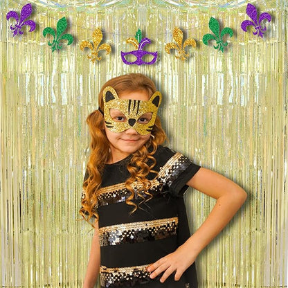BRAVESHINE Gold Tinsel Streamers Party Backdrop - 2 Pack 3.2x8.2ft Metallic Foil Fringe Curtain for Christmas/New Years/Prom/Birthdays/Engagement/Anniversary/Hawaiian/Luau Party Decorations
