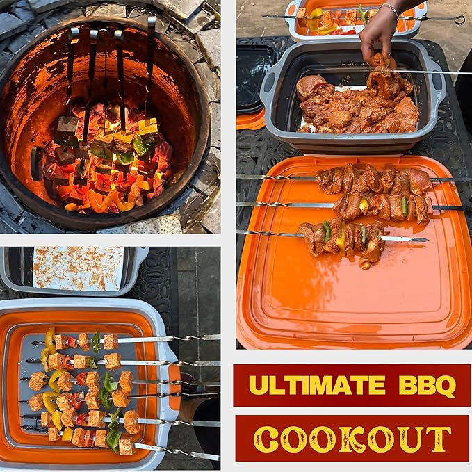 Collapsible Large (8L) BBQ Marinating Tub w/Cutting Board | Multipurpose Food-Grade TPE Prep Tub w/Lid | Built-in Colander & Drain Plug - for Camping | Tailgate | Picnic - Slate Black