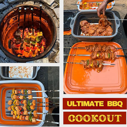 Collapsible Large (8L) BBQ Marinating Tub w/Cutting Board | Multipurpose Food-Grade TPE Prep Tub w/Lid | Built-in Colander & Drain Plug - for Camping | Tailgate | Picnic - Slate Black