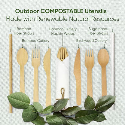 EcoPreps 100% Compostable Bamboo Cutlery Set Eco-Friendly, Biodegradable