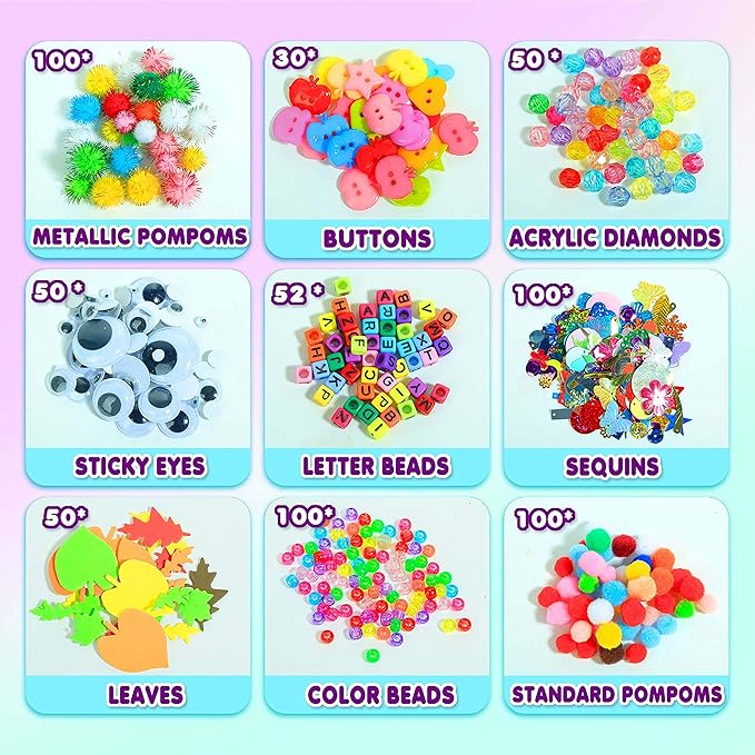Arts Craft Supplies for Kids, 1000+ PCS Toddler DIY Craft Art Supply Set Include Pipe Cleaners, Pom Poms, Storage Box, 2025 Christmas Holiday Gift for 4-12 Years Old Boys and Girls