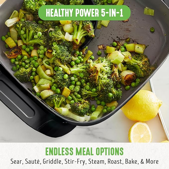 GreenLife 12" 5QT Square Electric Skillet, Glass Vented Lid, Ceramic PFAS-Free