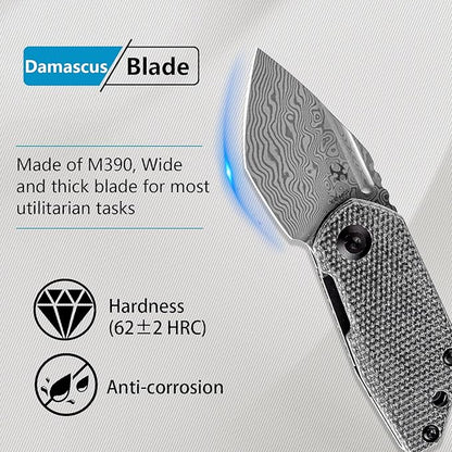 KANSEPT RIO Mini Pocket Folding Knives EDC Camping Folding Knife 1.56'' Damascus Blade Pocket EDC Knife with Black Micarta Handle Everyday Carry K3044D1