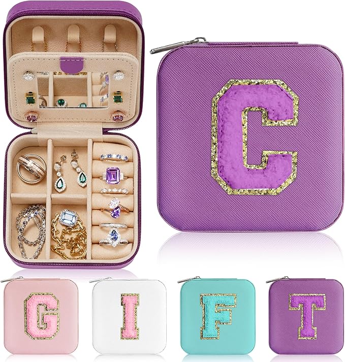 Parima Travel Essentials for Women Jewelry Box, Travel Accessories for Teen Girls Trendy Stuff | Necklace Organizer Earrings Organizer Ring Organizer - Letter C, Purple
