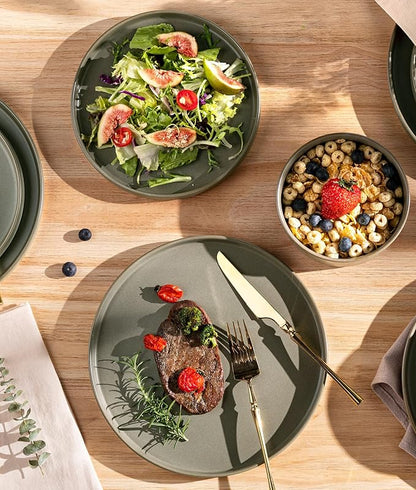 TheTerra Ceramic Dinnerware Sets for 6, 18 Pieces Handmade Reactive Glaze Plates and Bowls Set, Scratch Resistant Dish Set, Oven & Microwave & Dishwasher Safe, Matte Green