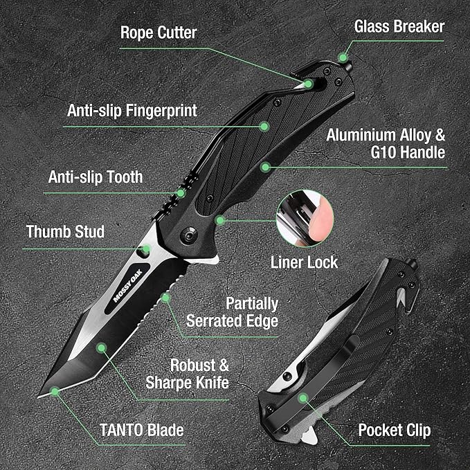 MOSSY OAK Folding Pocket Knife with Aluminium Alloy & G10 Handle, 4.75" Tactical Knife with Tungsten Steel Glass Breaker, Seatbelt Cutter, Belt Clip, Survival Knife for Emergency, Outdoor, Camping