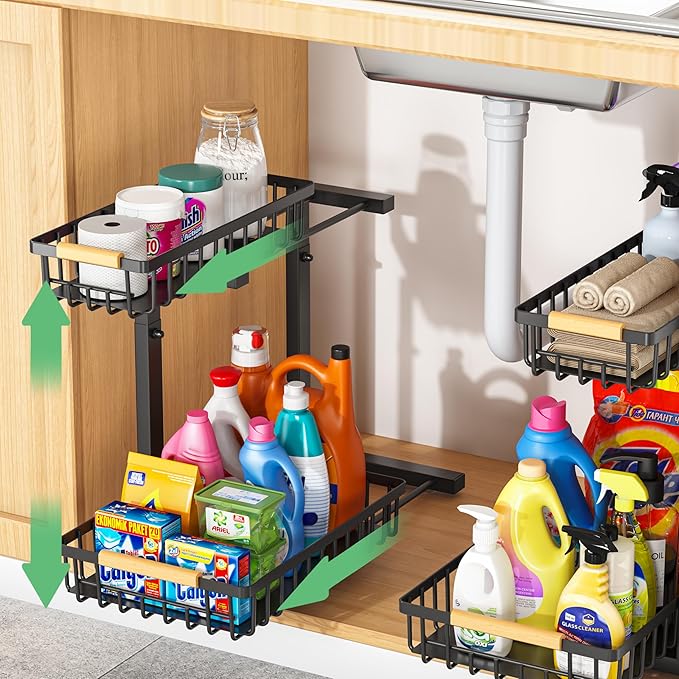 Merrylun Under Sink Organizers, 5 Adjustable Height，Metal Pull Out Under Sink