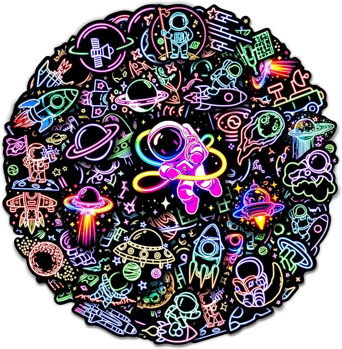 52 Pcs Neon Astronaut Stickers for Kids, Waterproof Space Sticker for Water Bottle, Vinyl Laptop Decals for Teens Girls Boys, Students Adults Sticker Pack