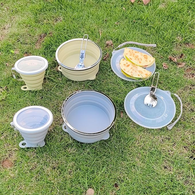 Mess Kit for Camping Silicone Collapsible Bowl Collapsible Cup and Stainless Steel Spoon for Backpacking Outdoor Hiking Traveling and Picnic - 2 Pack
