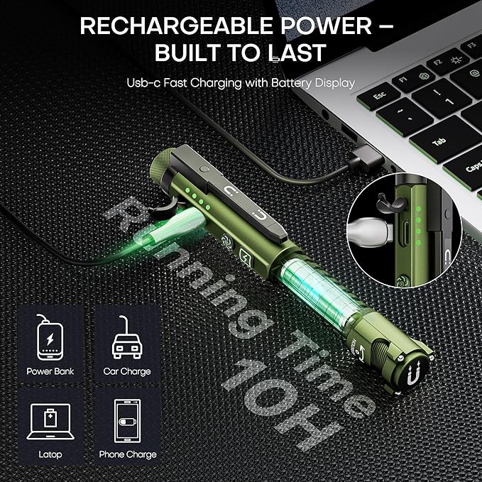 EDC Flashlight Rechargeable,800 Lumen Small Flashlight with Magnetic Clip & Base, 11 Modes LED Flashlight,Glass Breaker&Bottle Opener, USB-C Flashlight for Working,Home and Emergency