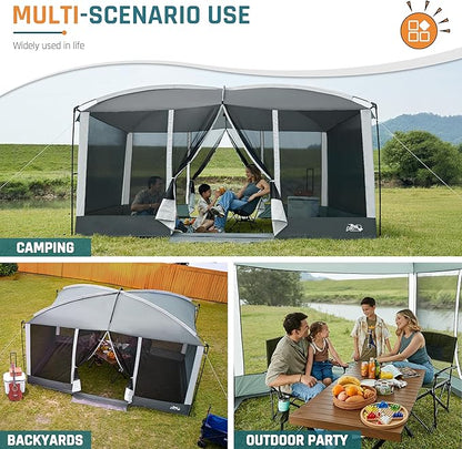Screen House Tent 13x9ft Screen Room Mesh Gazebos w/ 2 Magnetic Doors, Included Projection Screen, Camping Tent Screened Canopy Shelter for Outdoor Patios Backyards Activities (Gray)