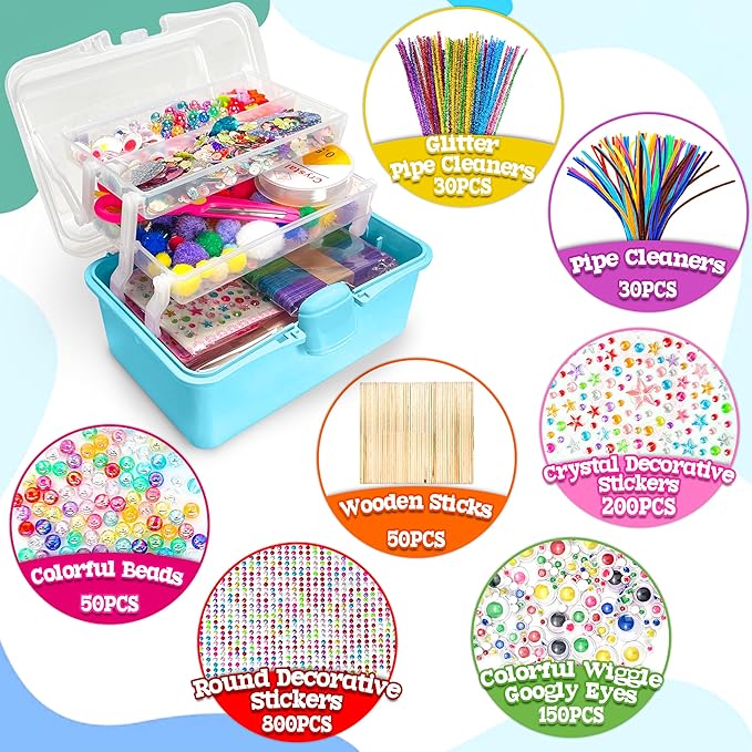 LINAYE 2500+PCS Arts and Crafts Supplies for Kids, DIY Craft Supplies Kit Box for Ages 6-8, Arts and Crafts Kit for Kids, Crafting Supply Set for Girls Boys Birthday Christmas Gifts, Blue