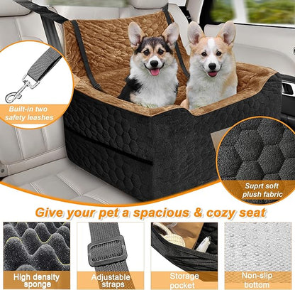 Dog Car Seat for Medium/Large Dog Booster Seat Under 60 lbs or 2 Small Dogs, Multi-Functional Pet Car Seat with Thick Cushion, 2 Safety Leashes(BlackBrown)