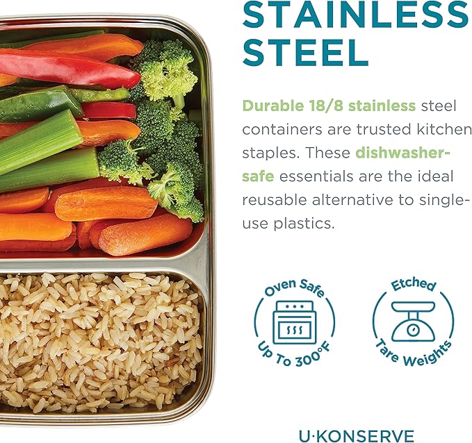 U Konserve Stainless Steel Rectangle Divided Food Storage Bento Box Container, Leak Proof Silicone Lid Dishwasher Safe - Plastic Free, (28oz Island Teal)