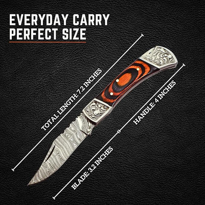 Handmade Damascus Pocket Knife for Men - 7.2 Inches Engraved Steel Damascus Folding Pocket Knife with Belt Holster - Pocket Knives & Folding Knives with Sheath & Back Lock - EDC Knife Pocket.(Orange)