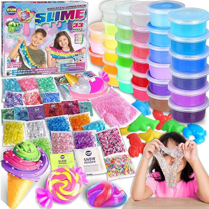 33 Cups Jumbo Slime Kit for Kids, FunKidz Premade Ultimate Slime Pack to DIY Soft, Cloud, Clear, Butter, Glitter, Glow in Dark Slime Making Kit Party Favors Gift Toys for Girls and Boys
