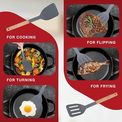 Pack of 2 Silicone Spatula, Non Stick Slotted Spatulas with Wooden Handle, Ideal Wood Kitchen Utensils Set for Frying, Baking, Flipping & Turning, Heat Resistant Silicone Turner for Non Stick Cookware
