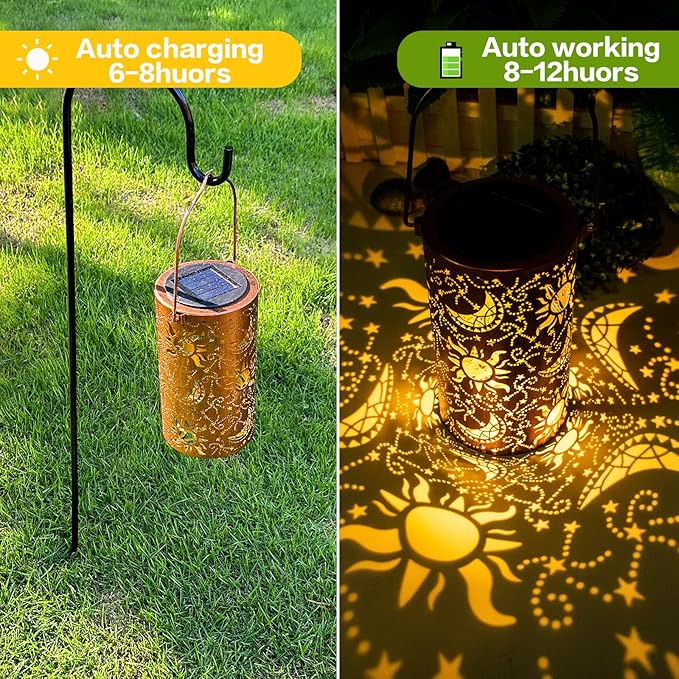 Solar Lanterns Outdoor Hanging Lantern Lights,Sun Moon Metal Decor Lanterns-Waterproof LED Decorative Light for Garden Patio Yard Lawn Backyard Front Porch as Gifts for Mom Grandma Women