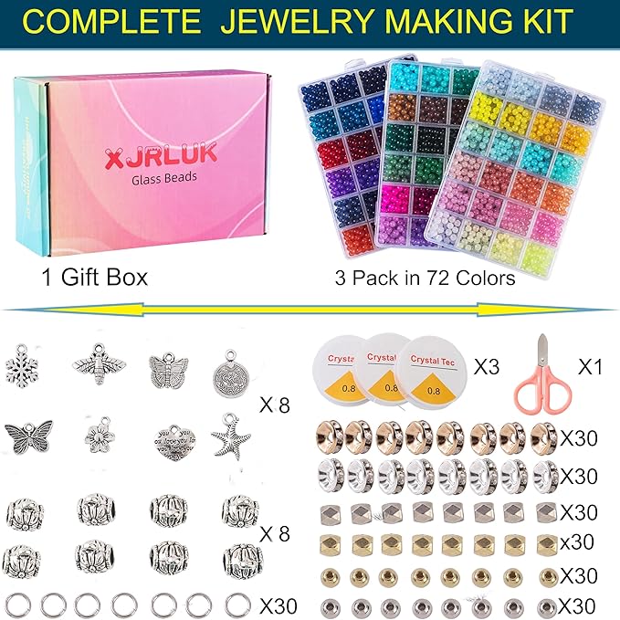 XJRLUK Glass Beads Bracelet Making Kit, 3000 pcs 72 Colors 6 mm Crystal Glass Beads for Jewelry Making, Glass Beads Kits for Beginners DIY Earrings Necklaces Rings Crafts Birthday Gifts