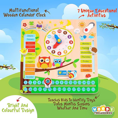 Montessori Wooden Toys Kids Clock - Wooden Toy for 3 Year Olds - Unique Learning Toy for Toddlers Learn About Seasons, Months, Days of Week, Time Telling - Educational and Fun