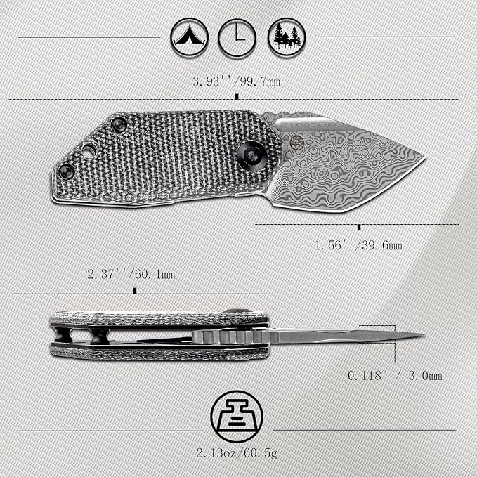 KANSEPT RIO Mini Pocket Folding Knives EDC Camping Folding Knife 1.56'' Damascus Blade Pocket EDC Knife with Black Micarta Handle Everyday Carry K3044D1
