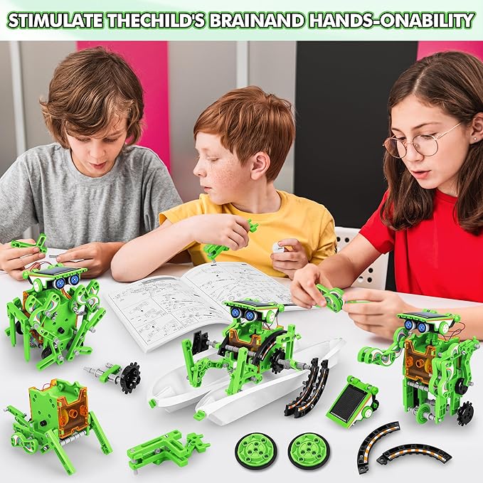 Bottleboom STEM 13-in-1 Education Solar Power Robots Toys for Boys Age 8-12, Educational Toy Science Kits for Kids Experiment Robotics Set Birthday Gifts for 8 9 10 11 12 Years Old-Green