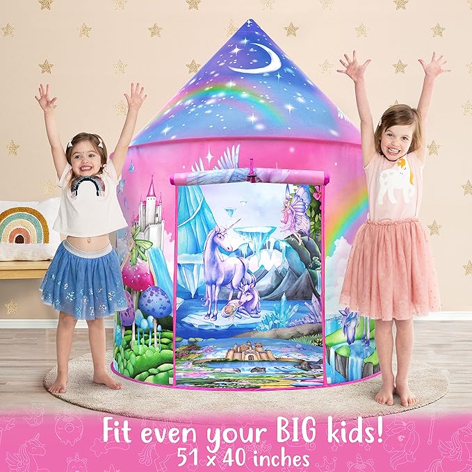 W&O Unicorn Sparkle Play Tent with Magical Unicorn Sounds - Captivating Pop Up Tent for Girls - Perfect for Indoor & Outdoor Play